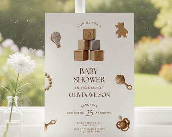 Invitación de baby shower bohemia neutra, diseño de bloques de madera, invitación minimalista y sencilla de Canva
