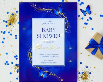 Invitación para baby shower con mariposa azul rey / Tema de estrellas doradas / Plantilla editable de Canva