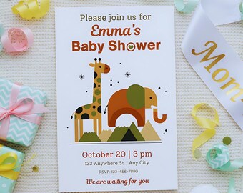 Plantilla editable de invitación para baby shower de safari / Baby shower neutro / Tema de selva salvaje / Invitación imprimible / Descarga de Canva