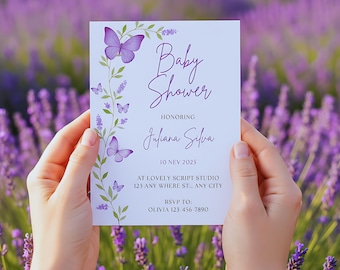 Invitación para baby shower con mariposa lavanda / Plantilla editable de Canva con diseño floral / Invitación imprimible para baby shower