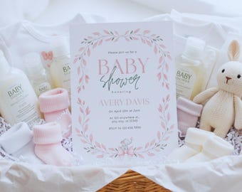 Invitación para baby shower con elefante floral rosa • Plantilla editable e imprimible