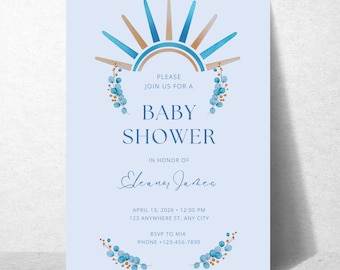 Invitación para Baby Shower Estilo Boho Azul / Diseño Moderno Arcoíris / Plantilla Editable de Canva / Invitación Imprimible