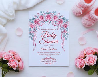 Invitación para Baby Shower con Diseño Floral Rosa / Tema de Guirnalda de Rosas / Plantilla Editable de Canva / Invitación Imprimible