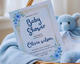 Invitación para baby shower con elefante floral azul / Diseño de acuarela suave / Plantilla editable de Canva