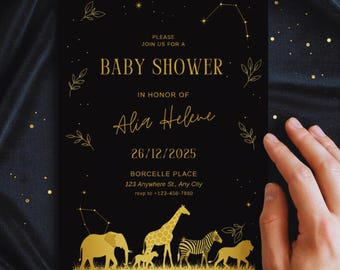 Schwarz-Gold-Safari-Babyparty-Einladung • Elegantes Wildtier-Thema • Bearbeitbare Canva-Vorlage