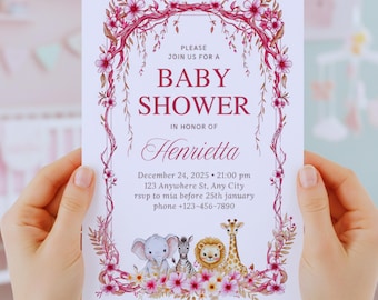 Pink Floral Safari Girl Invitation • Blush Jungle Theme • jungle Animals • Editable Canva Template