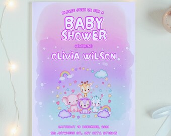 Pastell Regenbogen Baby Shower Einladung • Safari Tiere • Bearbeitbare Canva Vorlage