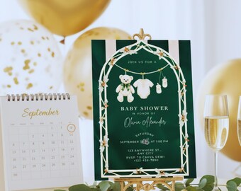 Elegant Green & Gold Baby Shower Invitation, Teddy Bear Clothesline Theme, Editable Canva Template