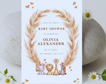 Boho Pampas Safari Einladung • Neutrales Tierthema • Bearbeitbare Canva Vorlage