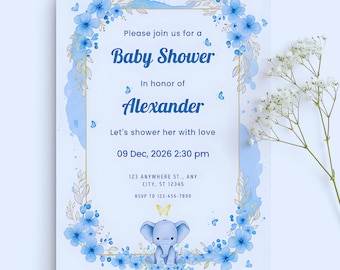 Invitación para baby shower con elefante floral azul • Diseño de acuarela suave • Plantilla editable de Canva