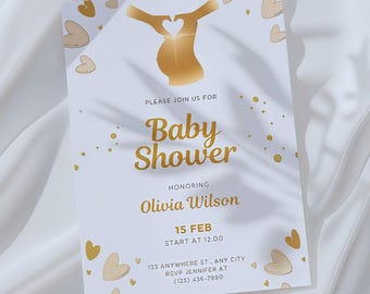 Plantilla de invitación para baby shower dorada / Silueta de mamá embarazada / Canva editable / Invitación imprimible