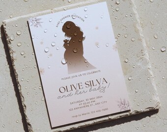 Invitación floral neutra para baby shower / Plantilla de silueta de mamá / Invitación editable e imprimible de Canva