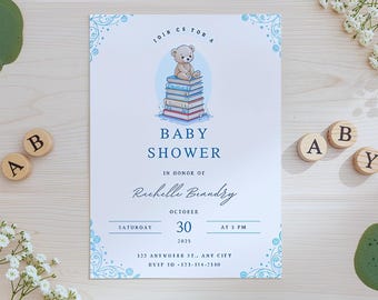 Invitación para baby shower con osito de peluche / Invitación para niño azul / Plantilla editable / Canva imprimible