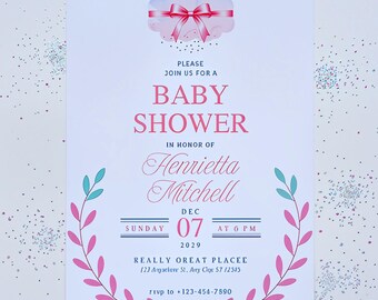 Invitación para baby shower con lazo rosa y nube • Elegante diseño floral • Plantilla editable de Canva