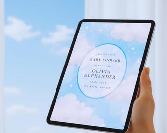 Plantilla de invitación para baby shower, temática de nube azul, invitación editable en Canva, descarga digital imprimible