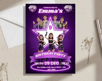 Invitación de Cazadores de Demonios KPOP / Plantilla editable de cumpleaños Kpop / Invitación a fiesta de anime / Descarga digital / Tema de guerrero Kpop