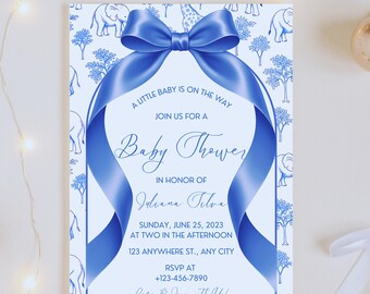 Invitación para baby shower de safari azul con lazo azul / Plantilla editable / Invitación imprimible