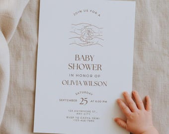Plantilla minimalista para invitación de baby shower / Manos con arte lineal / Invitación neutra para revelar el género / Canva editable