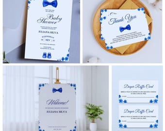 Kit para Baby Shower con Moño Azul / Plantillas editables de Canva para Niños