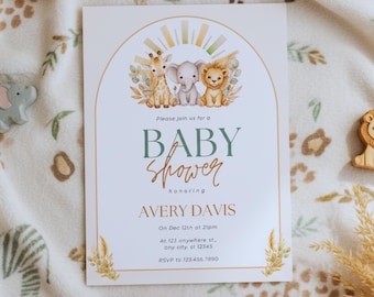 Invitación de baby shower de safari • Animales de la selva neutrales • Plantilla editable de Canva
