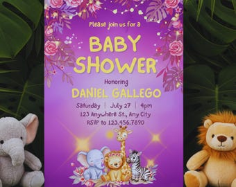 Lebendige rosa Safari-Einladung • Dschungel-Blumenthema mit Tieren • Bearbeitbares Canva-Design