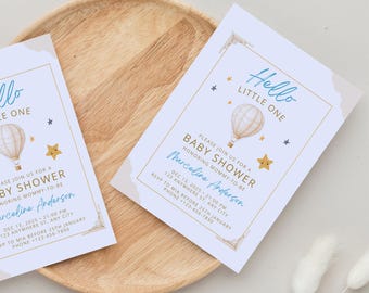 Invitación para baby shower con globo aerostático neutro • Tema de estrella suave • Plantilla editable de Canva