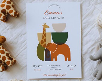 Invitación de safari para baby shower, adorable jirafa y elefante, baby shower bohemio verde, plantilla editable de descarga instantánea