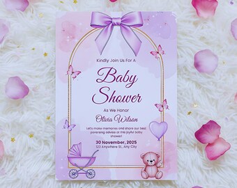 Invitación para Baby Shower en Lila Suave / Invitación para Niña con Mariposas / Plantilla editable de Canva