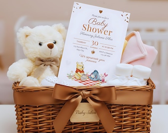 Invitación para Baby Shower de Winnie the Pooh / Tema Amigos del Bosque / Plantilla editable de Canva