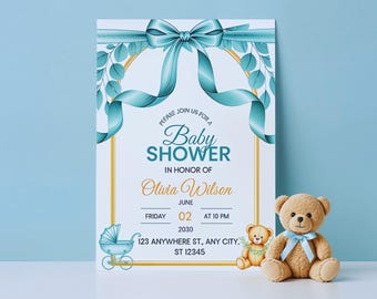 Invitación para Baby Shower en Verde Salvia / Invitación con Osito de Peluche / Plantilla editable de Canva para Niño