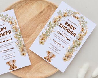 Invitación floral bohemia para baby shower • Verde neutro y elefante • Plantilla editable de Canva