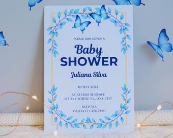 Invitación de baby shower con mariposa azul / Diseño floral elegante / Plantilla editable de Canva