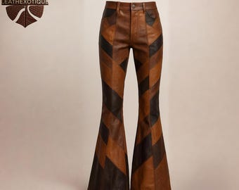 Pantalones acampanados de cuero con patchwork de los años 70: pantalones de campana bohemios hechos a mano
