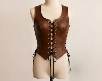 Handmade Brown Leather Corset Vest – Medieval Renaissance Steampunk Waist Cincher Top
