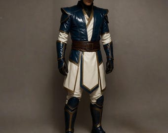 Handgemaakt leren Raiden-cosplaykostuum - geïnspireerd op Mortal Kombat