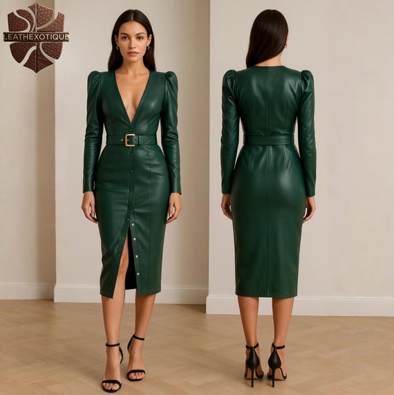 Emerald Green Faux Leather Midi Dress: Chic Belted Pencil Dress Emerald Green Faux Leather Midi Dress: Chic Belted Pencil Dress