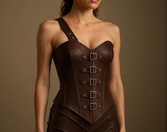 Body de corsé de cuero marrón hecho a mano / Disfraz de guerrero steampunk para mujer / Conjunto de corsé y pantalones cortos de cuero personalizado.