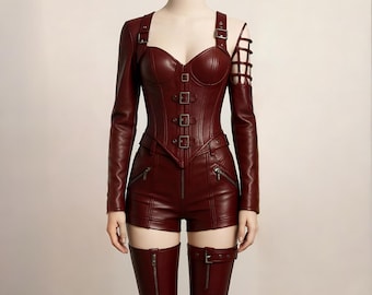 Handmade Burgundy Leather Corset Outfit: Gothic Steampunk Cosplay