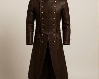 Handcrafted Brown Leather Trench Coat: Vintage Military Steampunk Style