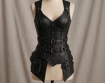 Handmade Black Leather Corset Vest: Gothic Steampunk Buckle Top