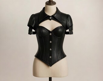 Handmade Black Leather Corset Top: Gothic Steampunk Star Button Bustier
