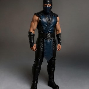 May include: A person in a black and blue costume, including a mask, vest, trousers, and boots, stands against a grey background. The costume has a blue panel on the chest. The logo "LEATHEXOTIQUE" is visible in the top left corner.