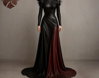 Gothic Leather Couture Gown with Spiked Shoulders and Lace-Up Back" | Hand made leather costume
