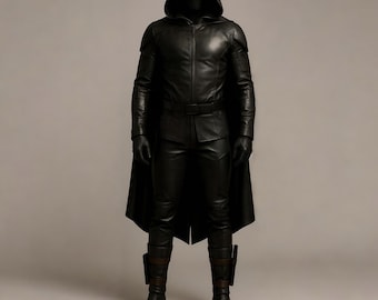 Black Leather Hooded Cosplay Outfit: Gothic Superhero Costume with Cape