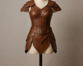 Vestido de corsé de cuero marrón hecho a mano – Armadura de guerrero LARP con hombreras