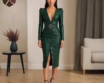 faux leather dress green Talia Tiered Pu Leather Midi Dress Hunter Green / S