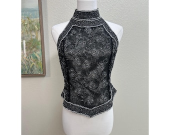 Papell Boutique Abend Seide Perlen Neckholder Top Schwarz Silber Floral Formelle Top PS
