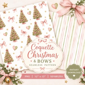 Coquette Christmas Seamless Pattern PNG, Pink Bows Pastel Christmas Tree Digital Paper, Cute Girly Holiday Wrapping Repeat Pattern Print
