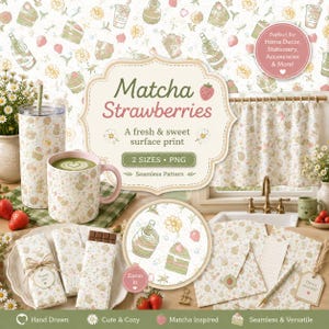 Puede incluir: Un diseño de patrón de superficie digital con ilustraciones dibujadas a mano de pasteles de matcha, fresas y margaritas. El texto dice Matcha Strawberries, A fresh & sweet surface print, 2 SIZES PNG y Seamless Pattern. El diseño se muestra en tazas, barras de chocolate y papelería.