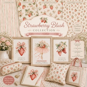 Puede incluir: Una presentación de colección digital Strawberry Blush con patrones de fresas vintage, tres láminas enmarcadas incluyendo una bailarina, un estuche, un cuaderno de espiral, un cojín y un bolso de tela con motivos de fresas.
